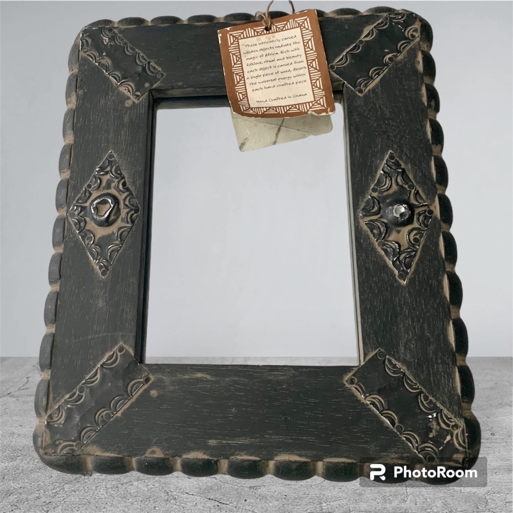Black Wood Wall Mirror Handcrafted In Ghana Africa W/ Metal Details 10”x12”